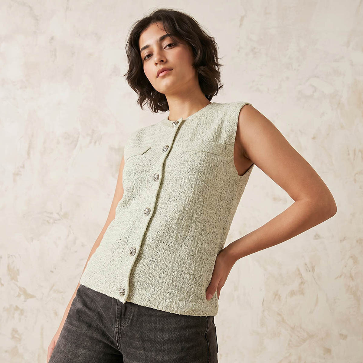 Textured Crew Neck Cardigan-women-winterwear-cardigansandjumpers-cardigans-image-1