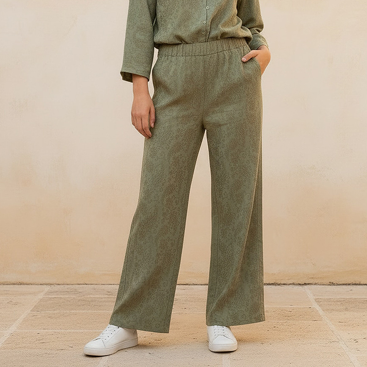 Wide Leg Mid-Rise Jacquard Textured Trousers-women-clothing-trousers-image-1