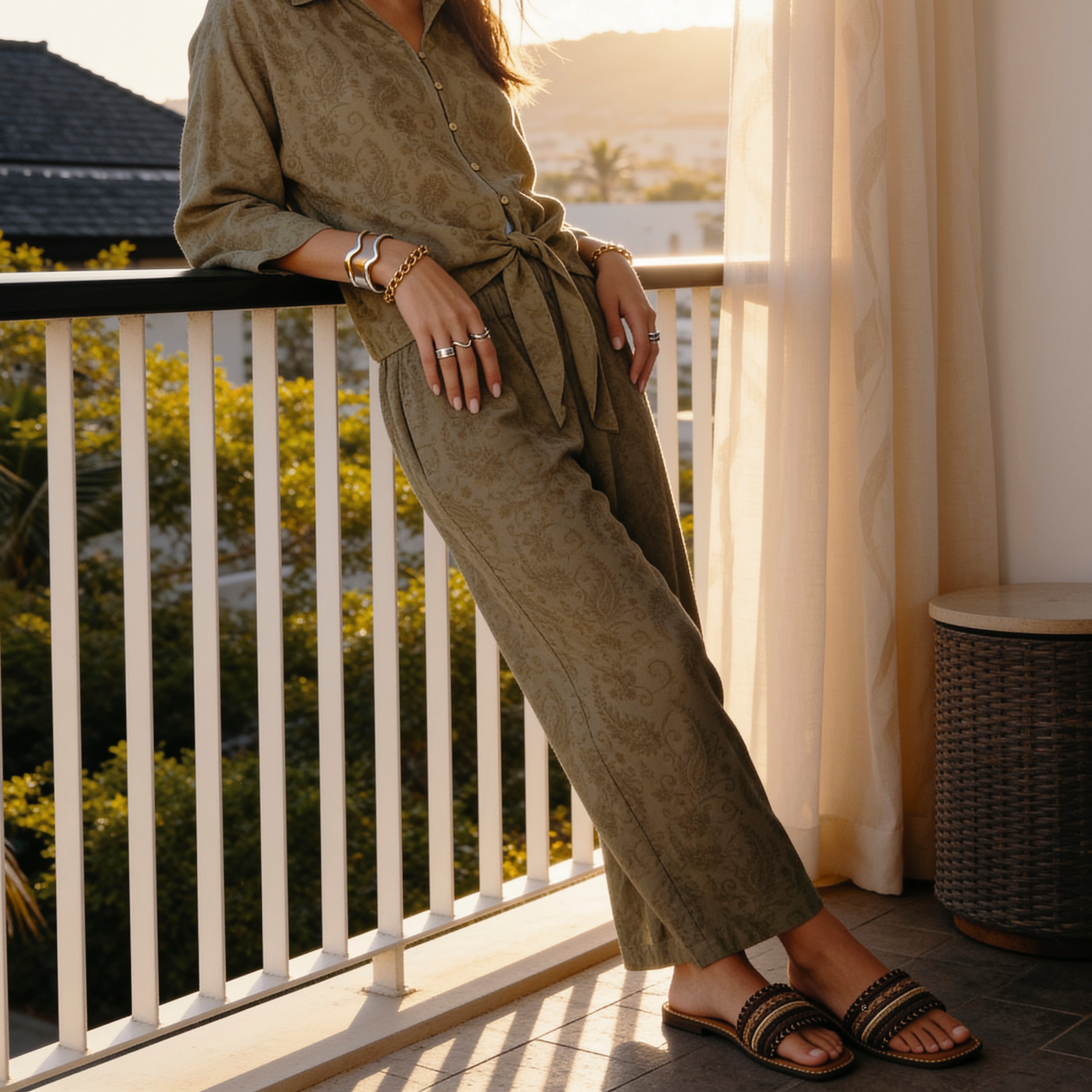 بنطلون جاكار بارز الملمس بأرجل واسعة وخصر متوسط الارتفاع من سبلاش يوث-women-clothing-trousers-image-1