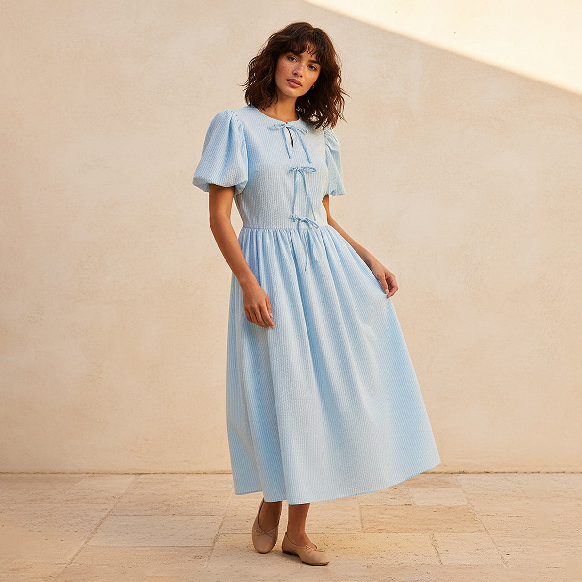 فستان إيه لاين مقلم بتزيينات فيونكة للنساء-women-clothing-dresses-image-1