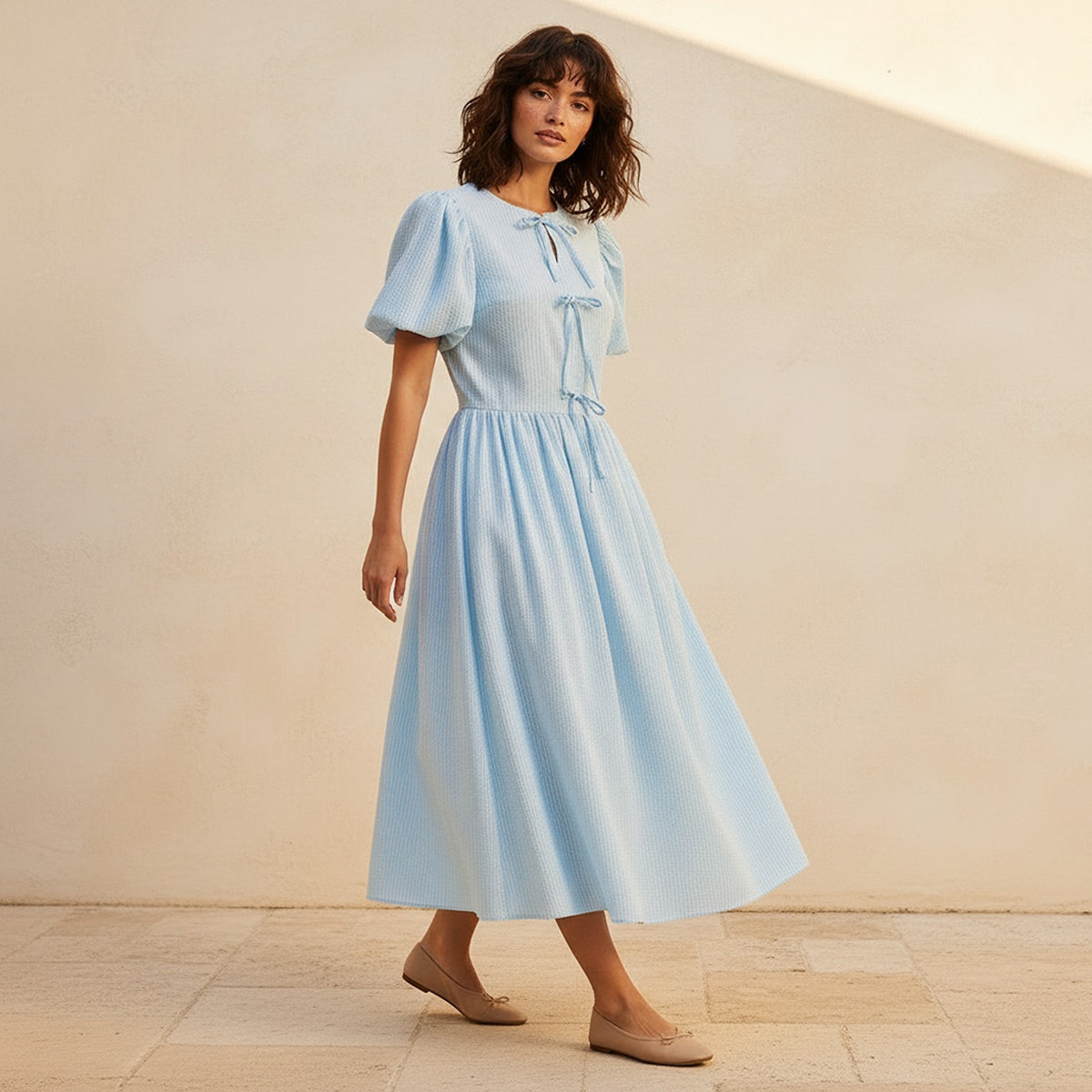 فستان إيه لاين مقلم بتزيينات فيونكة للنساء-women-clothing-dresses-image-3