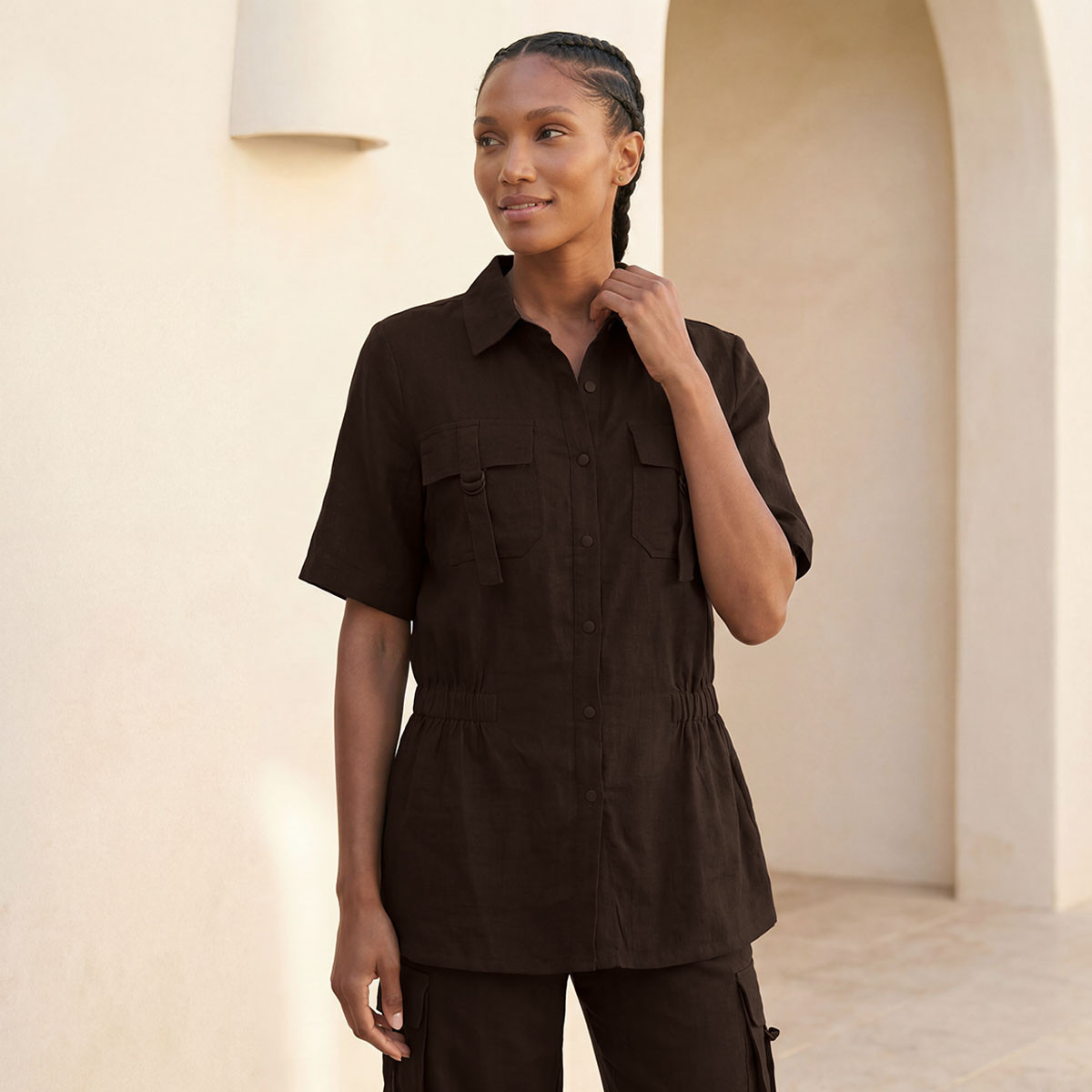 قميص من مزيج الكتان متعدد الاستخدامات بخصر مطاطي من سبلاش يوث-women-clothing-shirtsandblouses-shirts-image-1