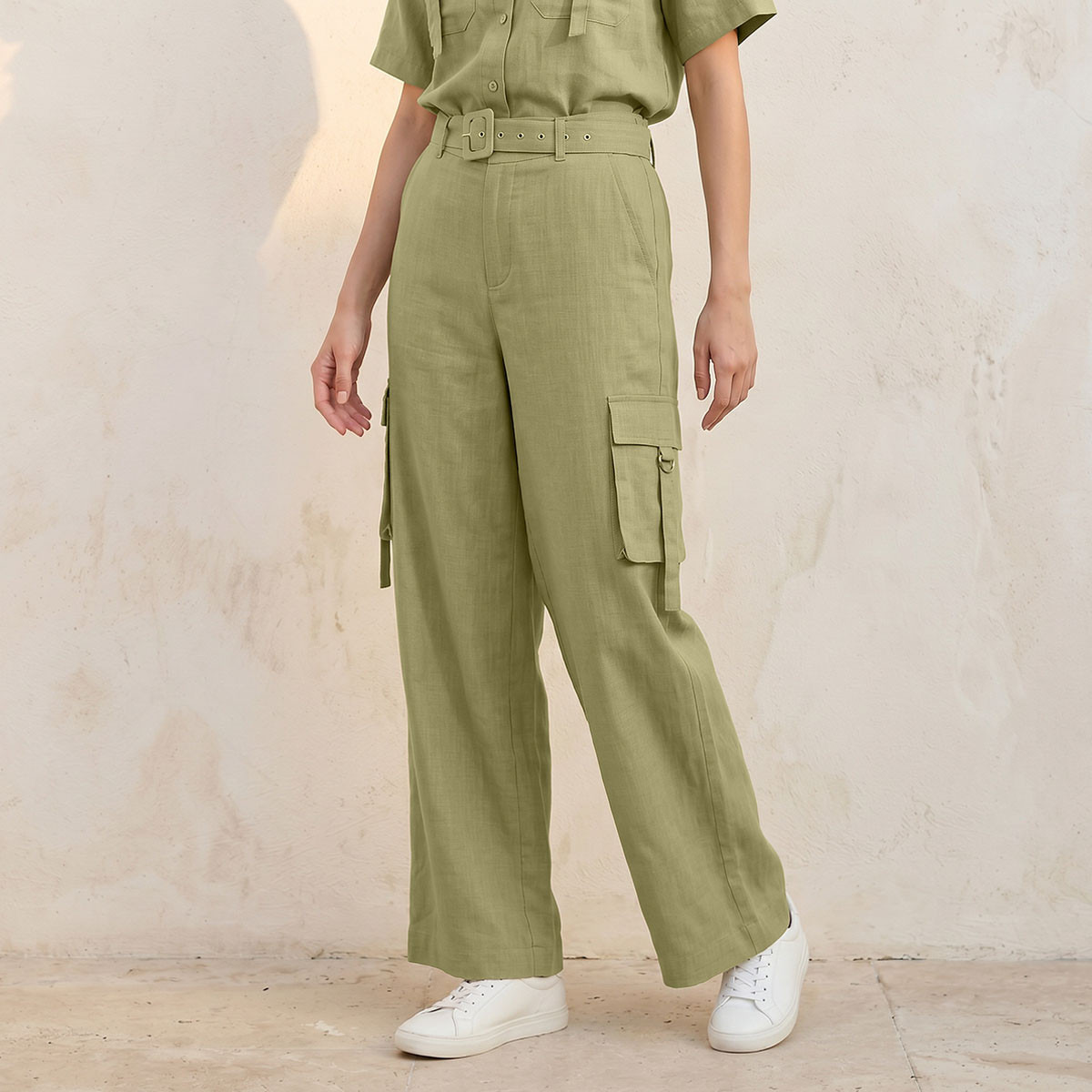 Splash Youth Wide Leg Linen Blend Cargo Pocket Detail Trousers-women-clothing-trousers-image-1