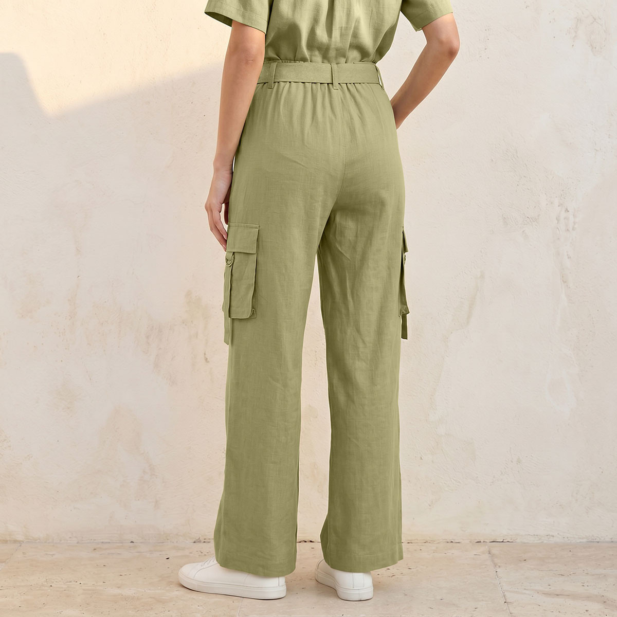Splash Youth Wide Leg Linen Blend Cargo Pocket Detail Trousers-women-clothing-trousers-image-4