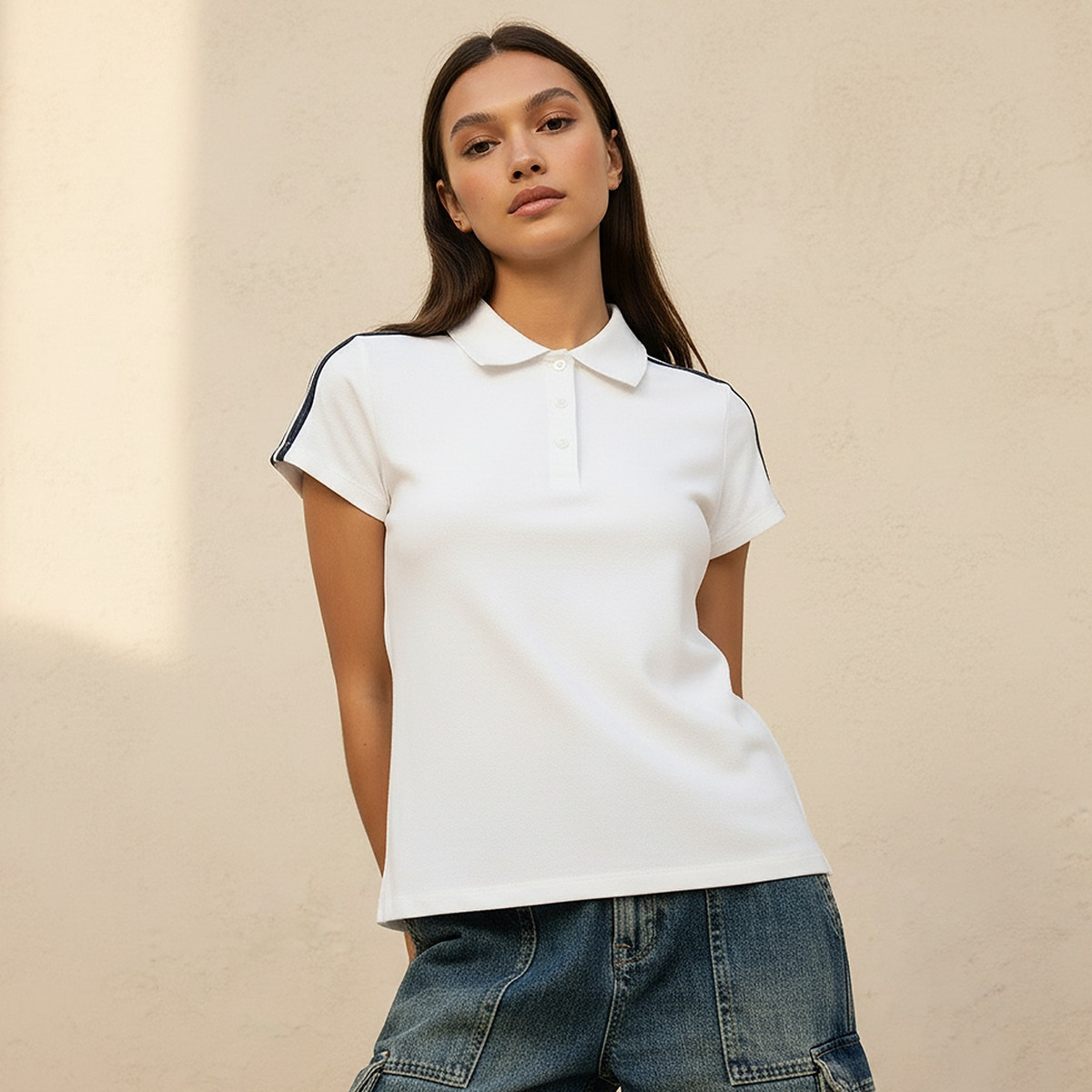تيشيرت بولو بقصة ضيقة بحواف مخططة من سبلاش يوث-women-clothing-tshirts-image-5