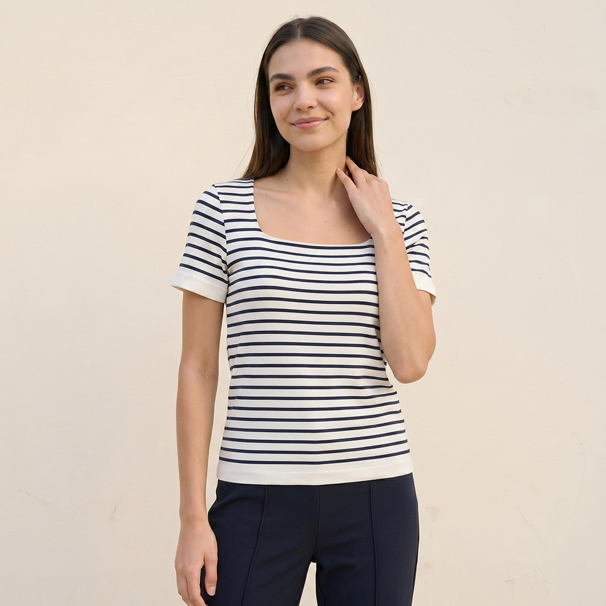Splash Youth Seamless Fitted Striped T-shirt with Square Neck-women-clothing-tshirts-image-1
