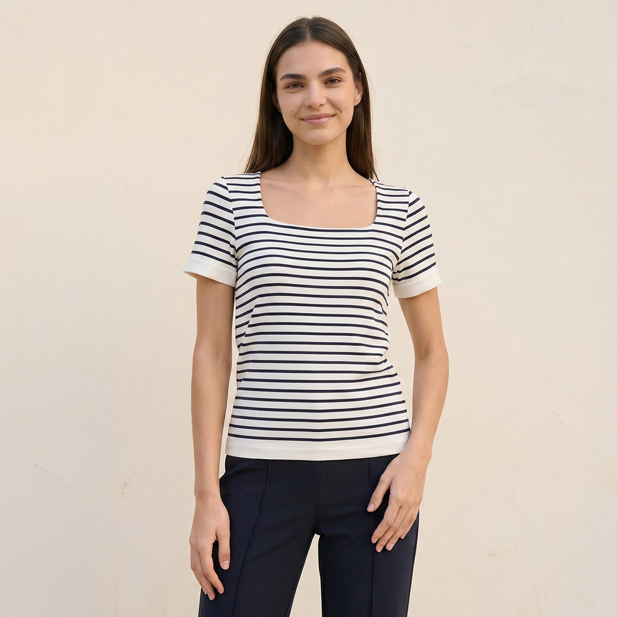 Splash Youth Seamless Fitted Striped T-shirt with Square Neck-women-clothing-tshirts-image-5