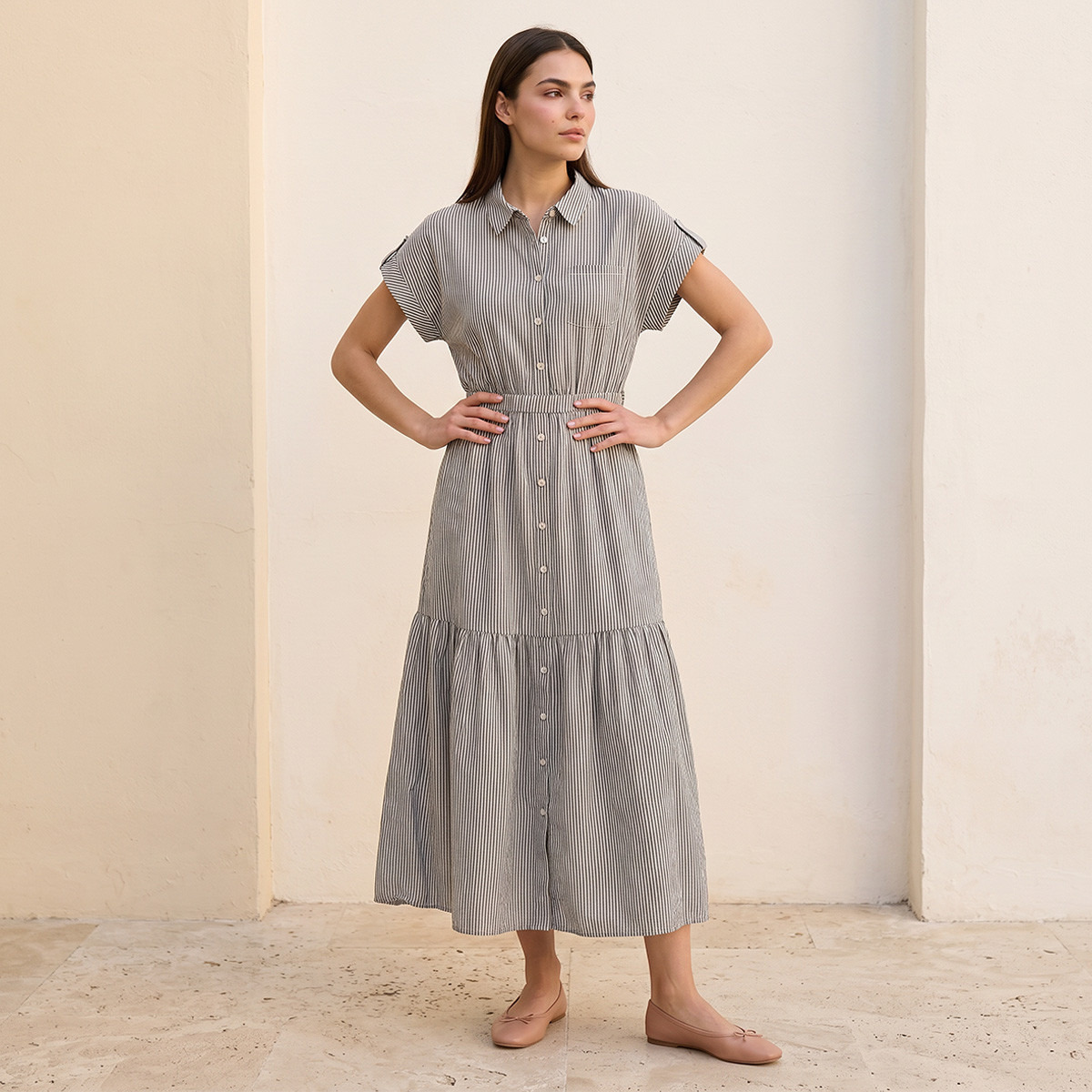 فستان قميص قطني مخطط بحزام رباط من سبلاش يوث-women-clothing-dresses-image-1