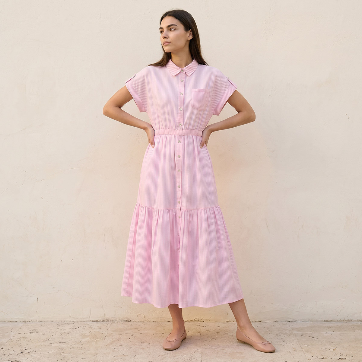 Splash Youth Striped Cotton Shirt Dress Tie-Up Belt-women-clothing-dresses-image-1