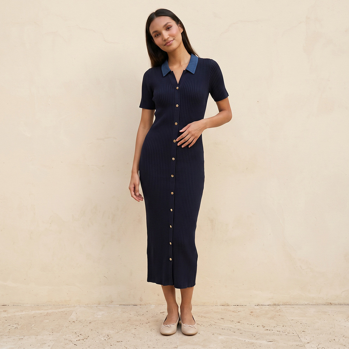 Splash Youth Ribbed Bodycon Dress with Collar-women-clothing-dresses-image-2