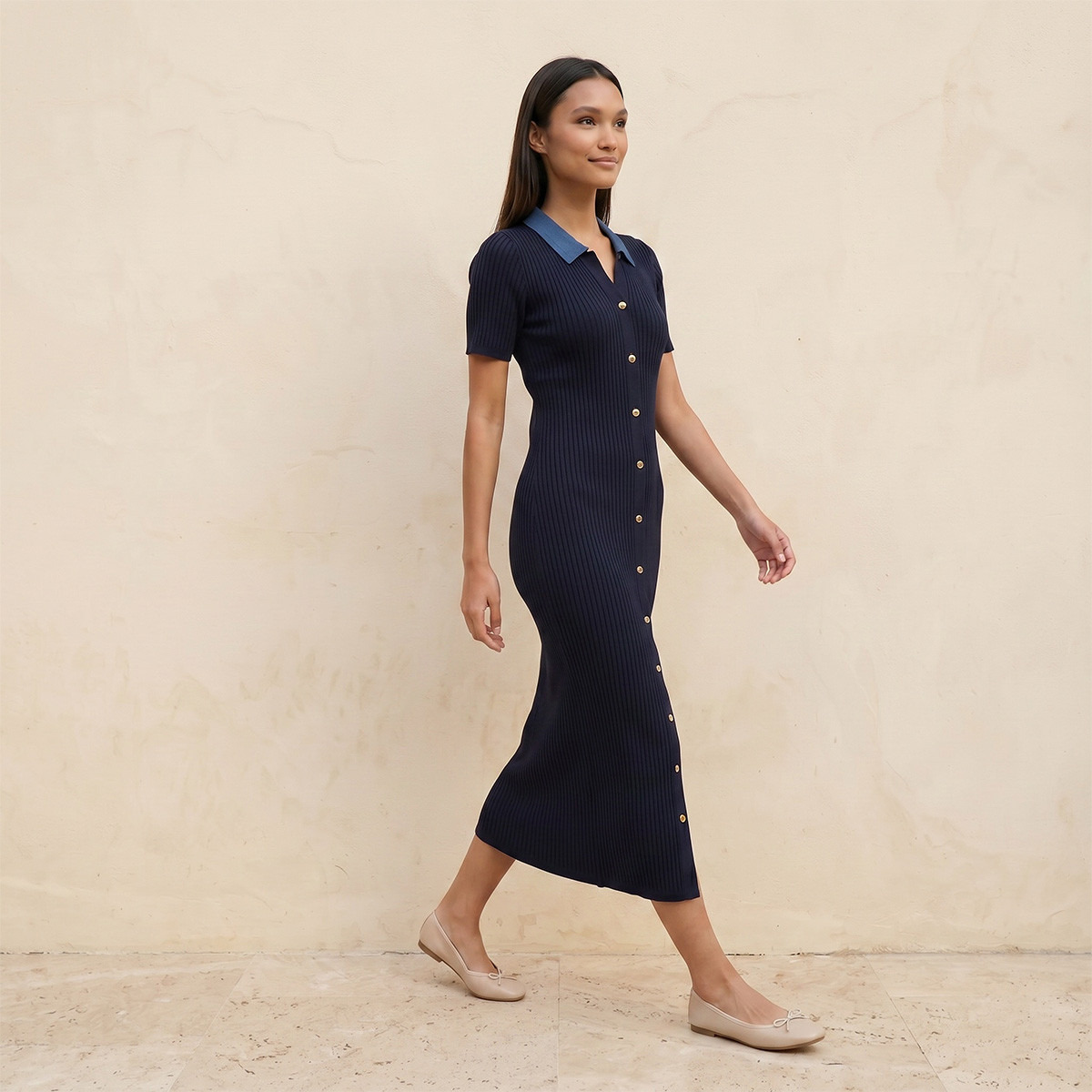 Splash Youth Ribbed Bodycon Dress with Collar-women-clothing-dresses-image-4