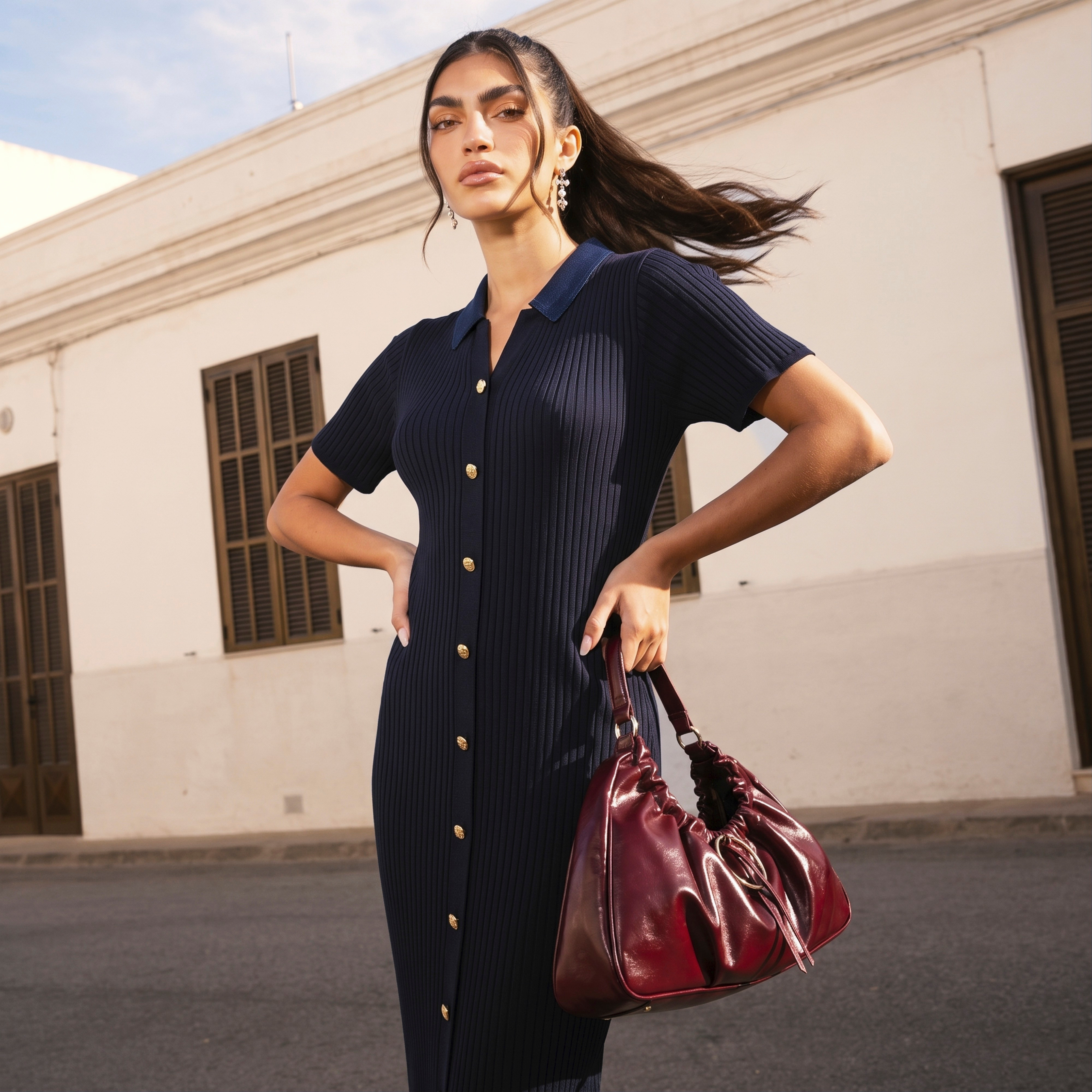 Splash Youth Ribbed Bodycon Dress with Collar-women-clothing-dresses-image-1