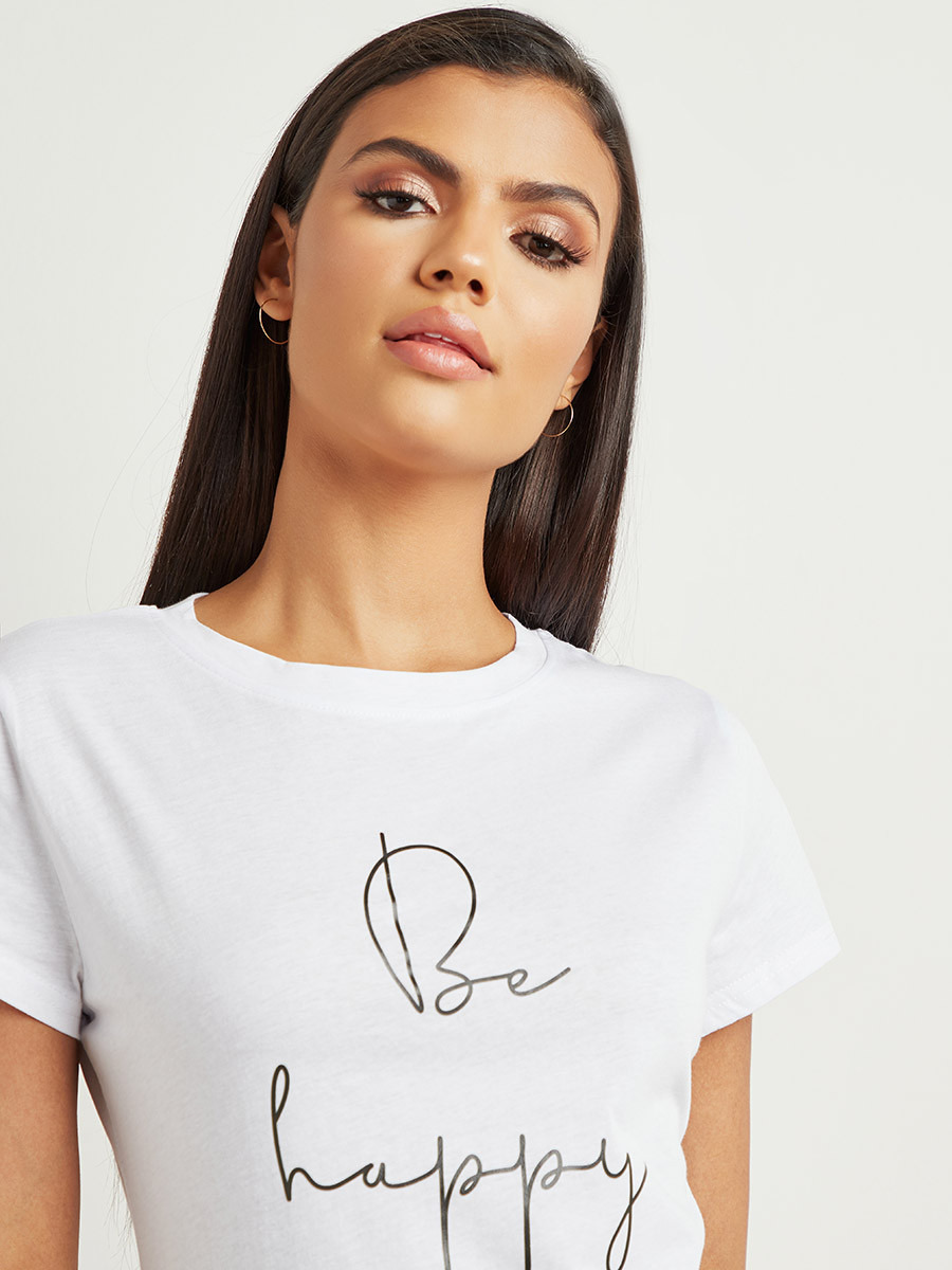 Styli Be Happy Slogan Print Round Neck T-shirt-women-clothing-tshirts-image-5
