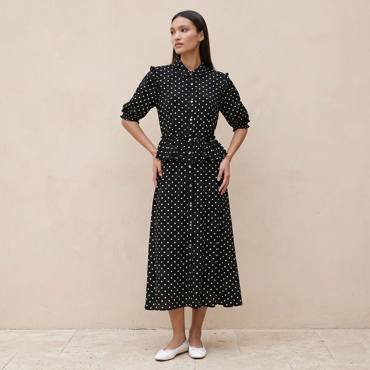 Splash Youth Polka Dot Print Shirt Dress with Ruffles-women-clothing-dresses-image-2