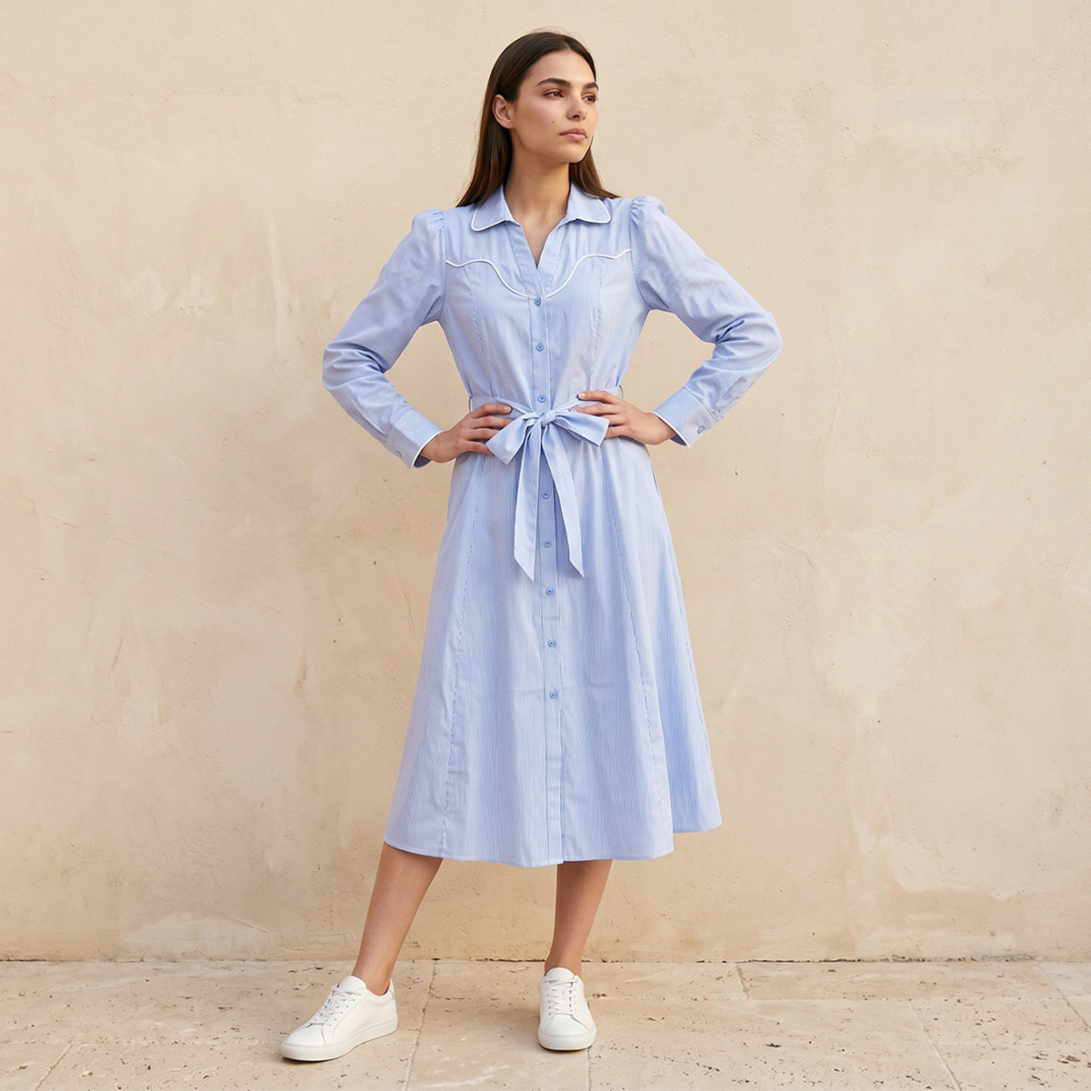 Splash Youth Striped Cotton Shirt Dress with Tie-Up Belt-women-clothing-dresses-image-2
