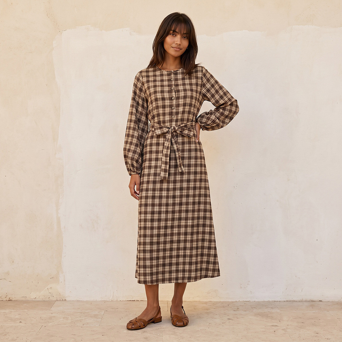 فستان قميص ميدي كاروهات بحزام من سبلاش يوث-women-clothing-dresses-image-3