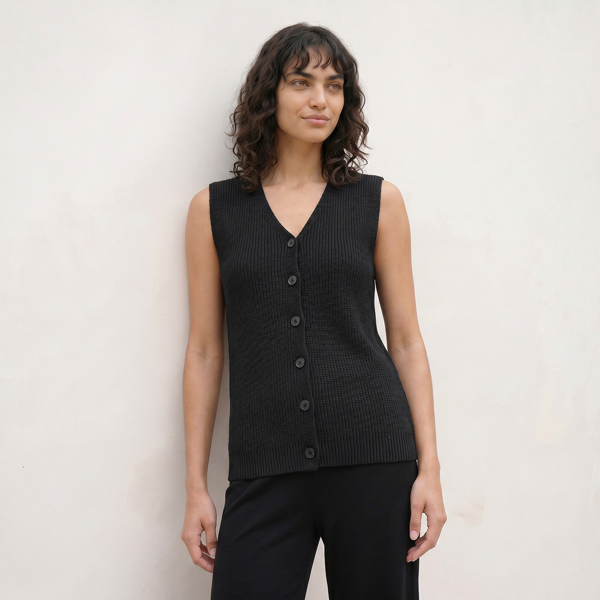Splash Youth Ribbed V-neck Sleeveless Cardigan-women-winterwear-cardigansandjumpers-cardigans-image-1