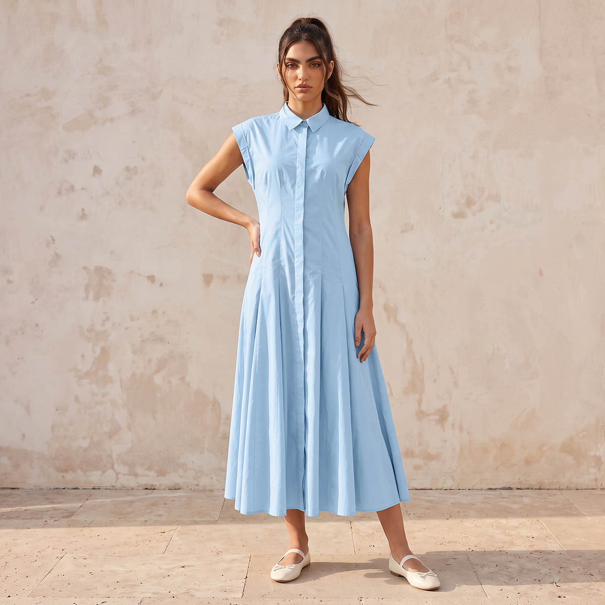 فستان قميص قطن ميدي بكسرات من سبلاش يوث-women-clothing-dresses-image-1