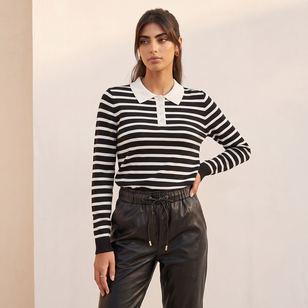 Splash Youth Striped Sweater with Polo Collar-women-winterwear-cardigansandjumpers-jumpers-image-2