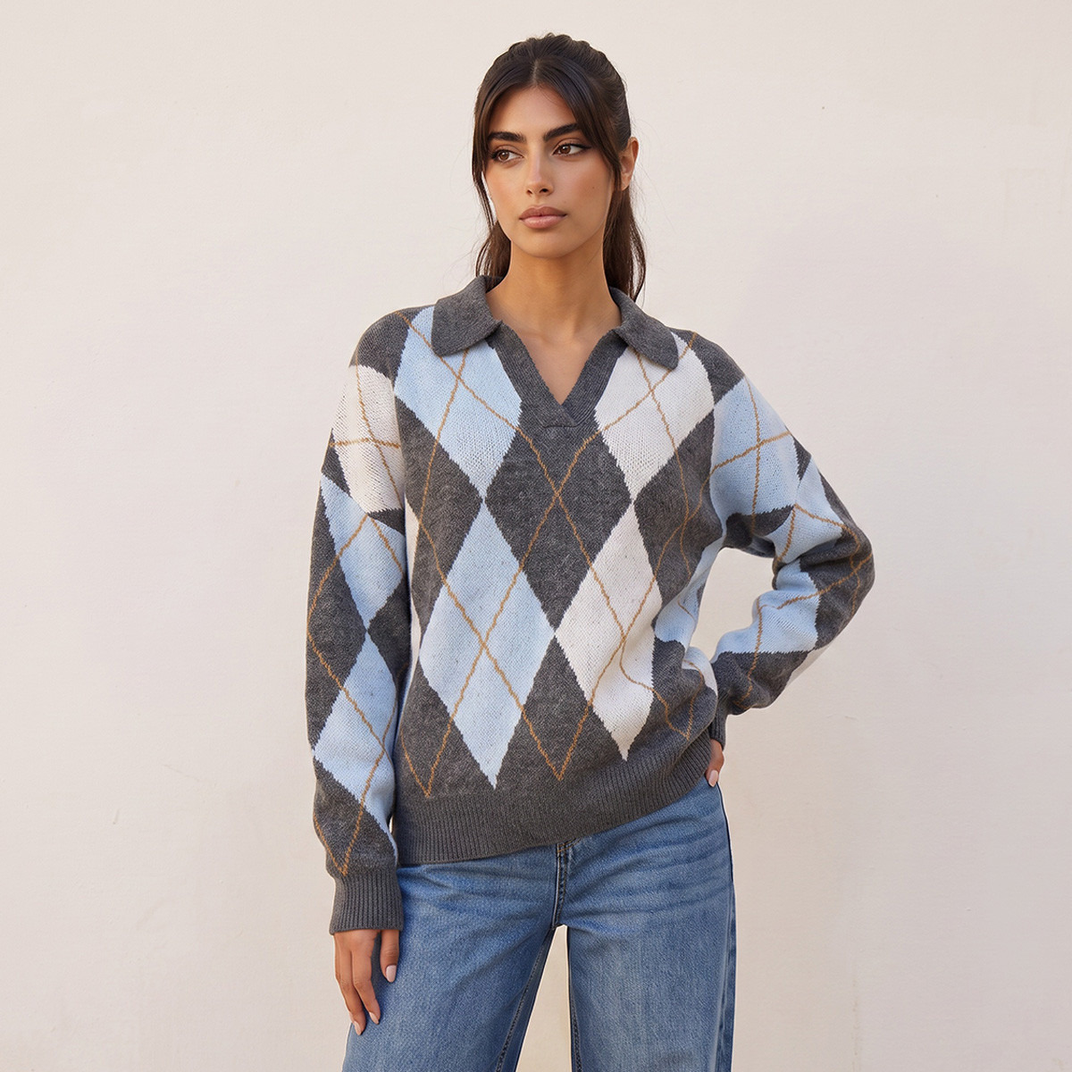 Splash Youth Argyle Texture Collared Sweater-women-winterwear-cardigansandjumpers-jumpers-image-1