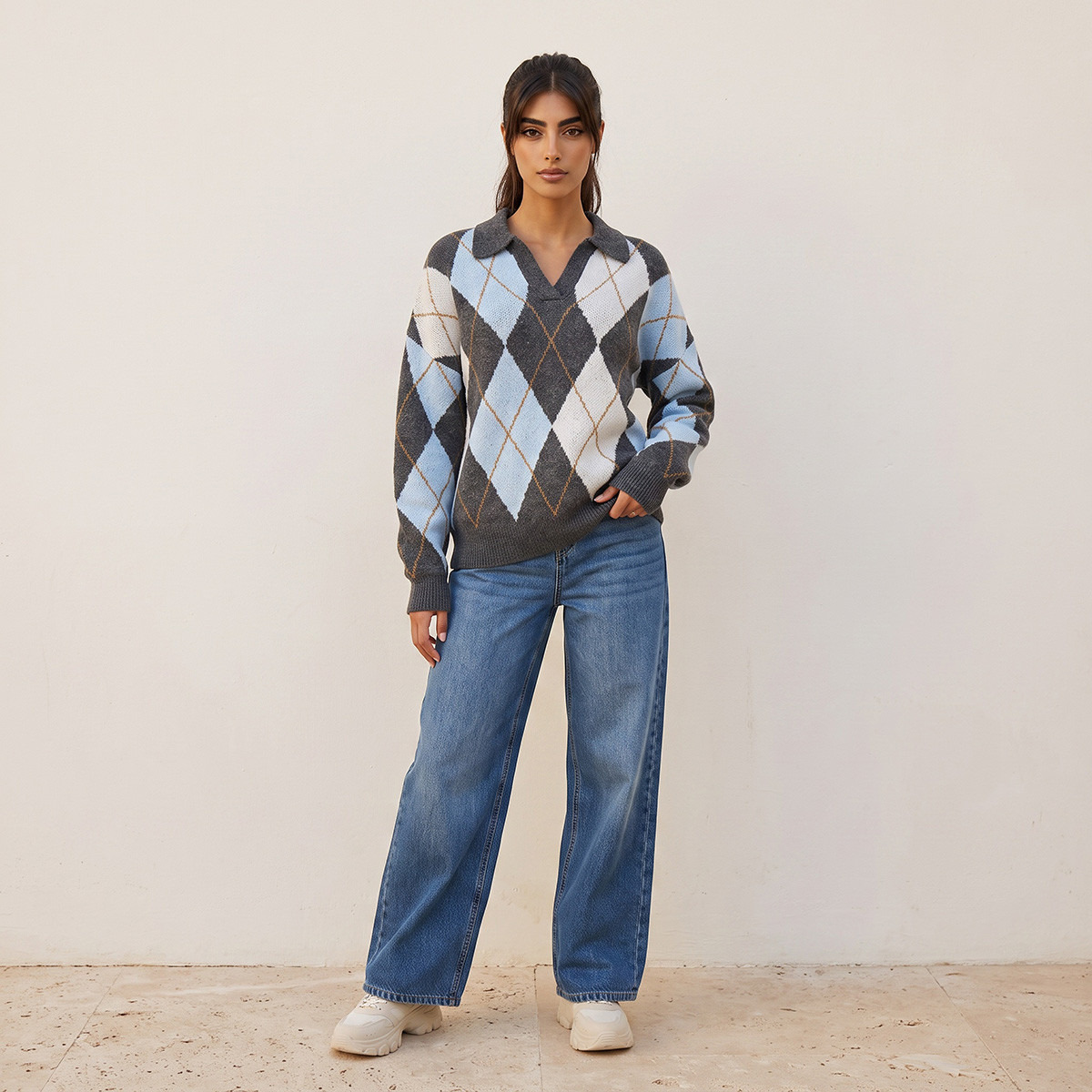 Splash Youth Argyle Texture Collared Sweater-women-winterwear-cardigansandjumpers-jumpers-image-2