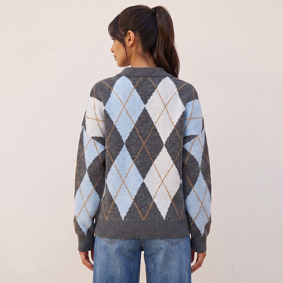 Splash Youth Argyle Texture Collared Sweater-women-winterwear-cardigansandjumpers-jumpers-image-3
