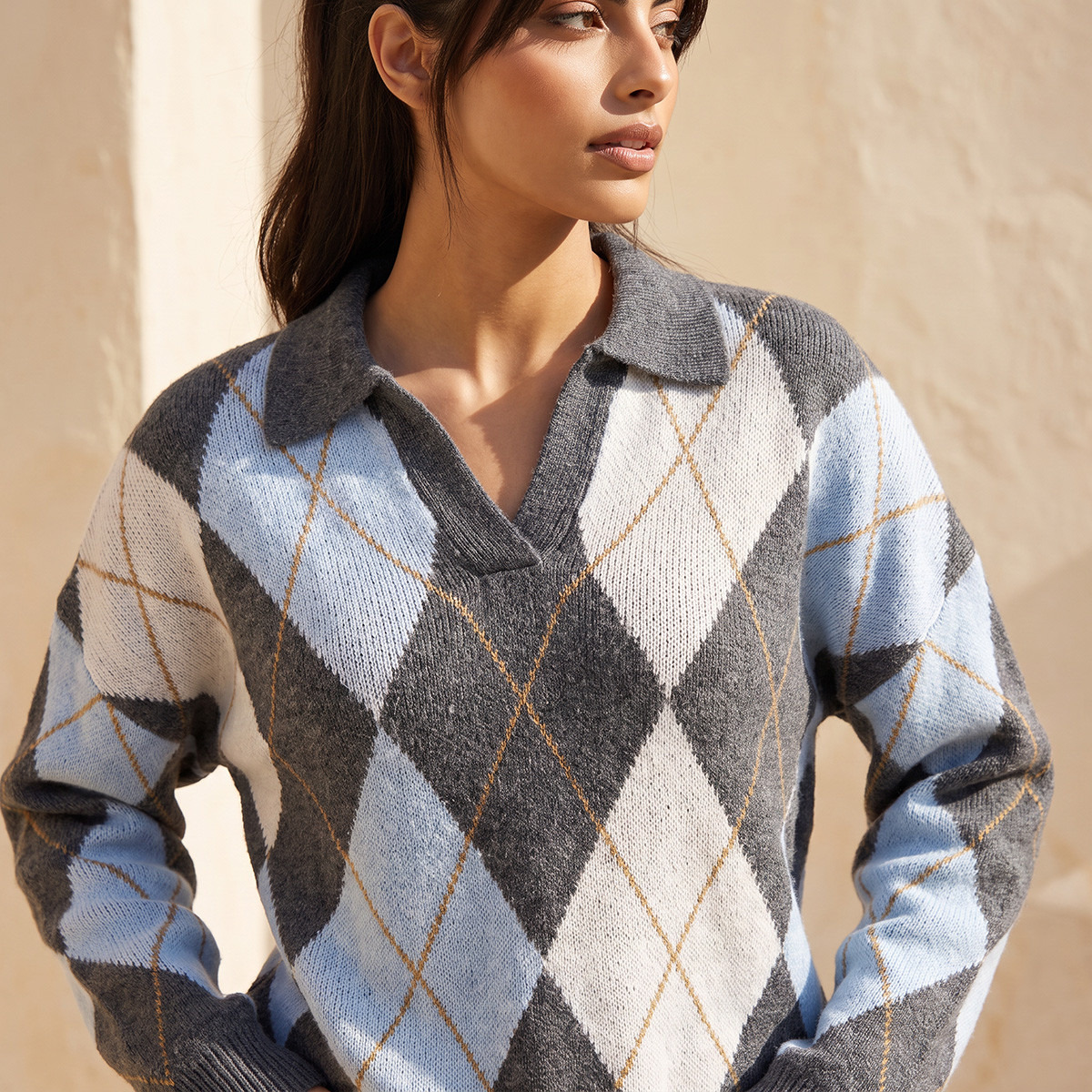 Splash Youth Argyle Texture Collared Sweater-women-winterwear-cardigansandjumpers-jumpers-image-4