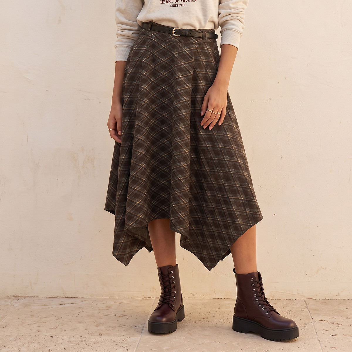 Splash Youth Checked Asymmetric Skirt with Belt-women-clothing-bottoms-skirts-image-1