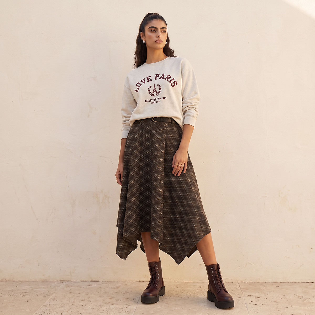 Splash Youth Checked Asymmetric Skirt with Belt-women-clothing-bottoms-skirts-image-2