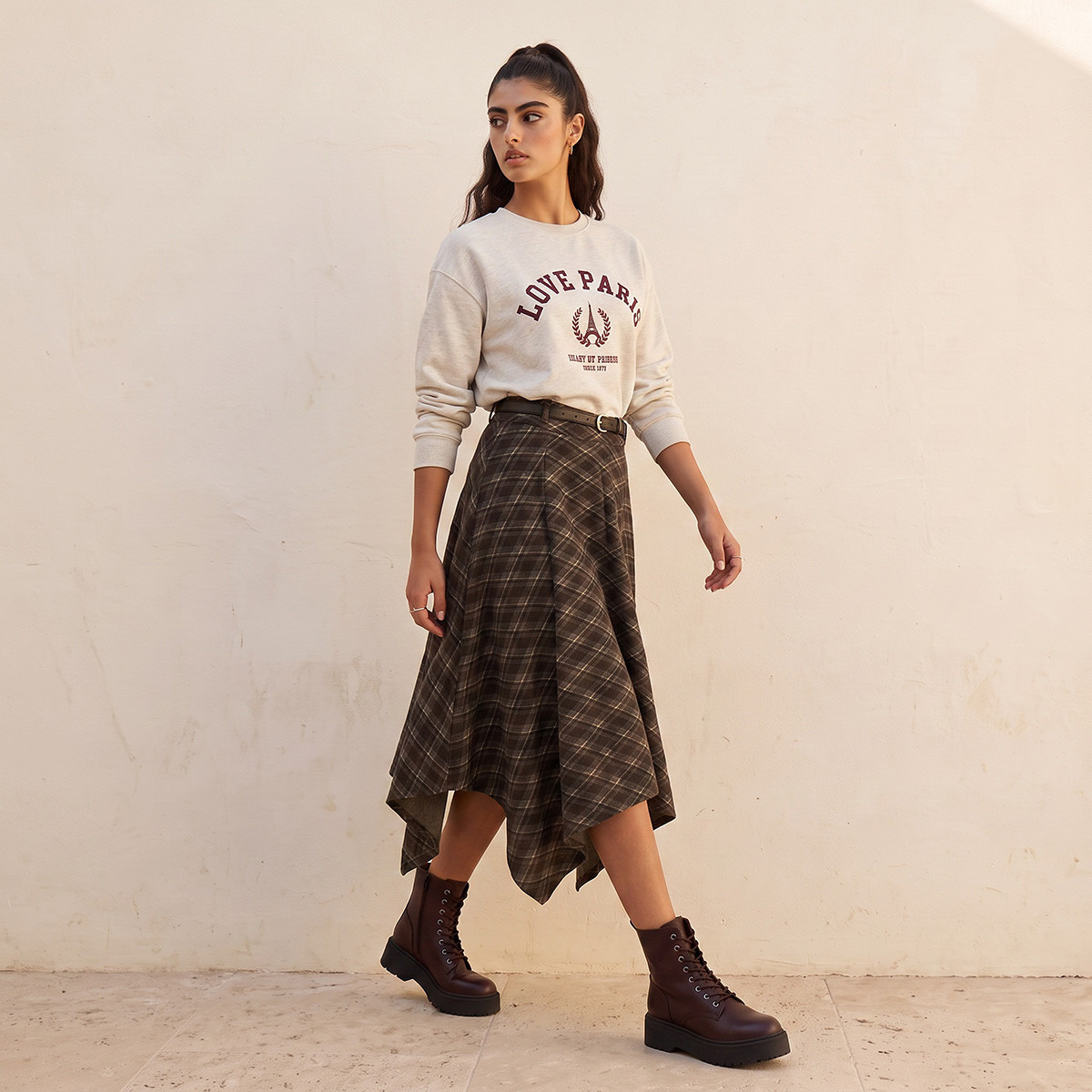 Splash Youth Checked Asymmetric Skirt with Belt-women-clothing-bottoms-skirts-image-4