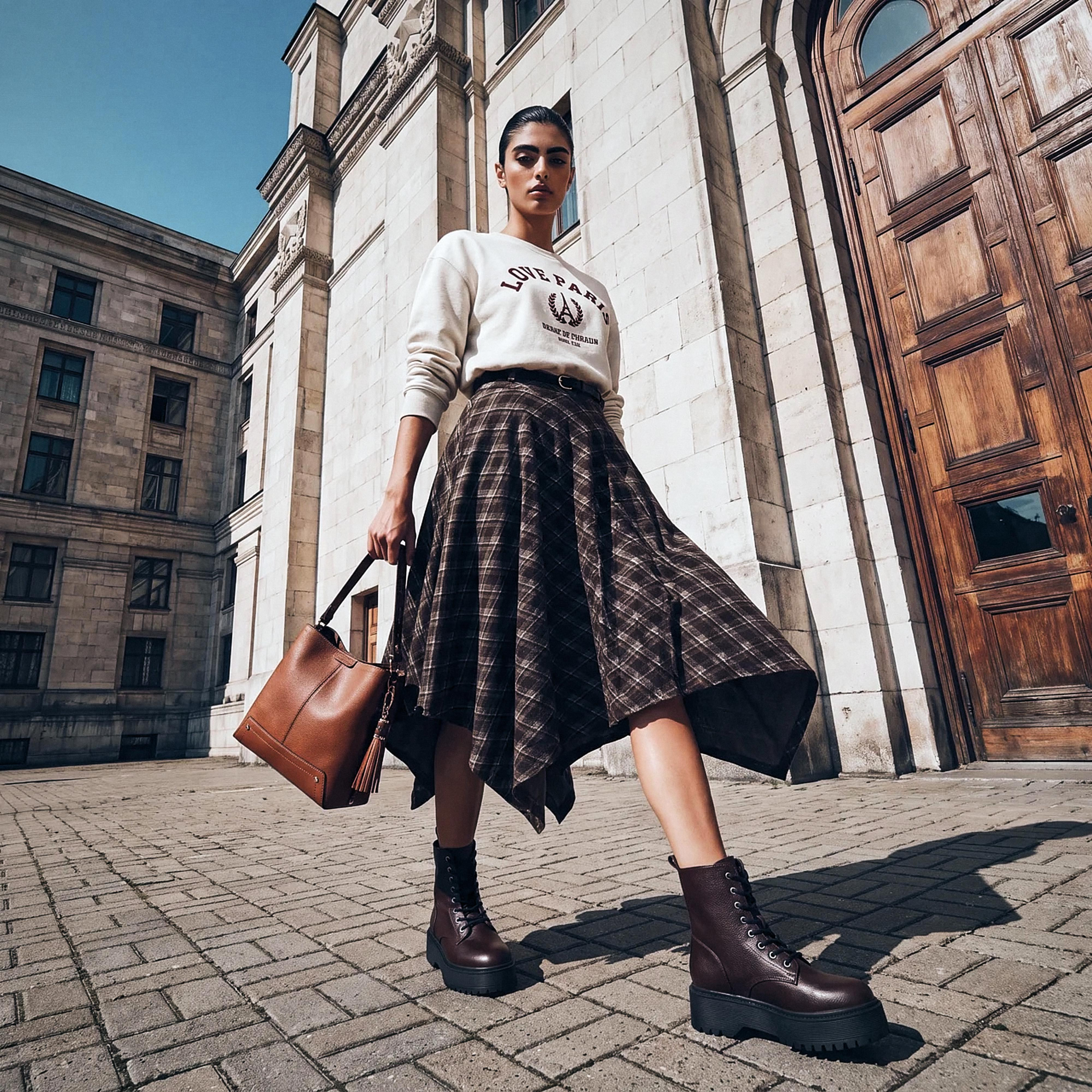 تنورة كاروهات بحافة غير متماثلة مع حزام من سبلاش يوث-women-clothing-bottoms-skirts-image-1