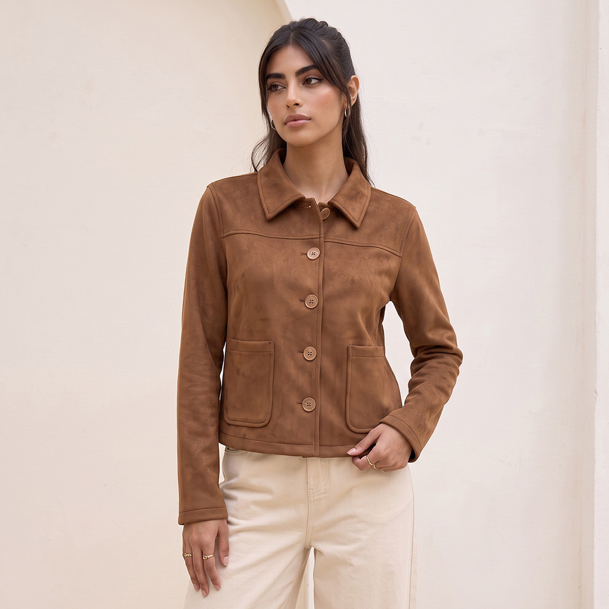 جاكيت من الجلد السويدي بقصة عادية وجيوب رقعة من سبلاش يوث-women-winterwear-coatsandjackets-jackets-image-5
