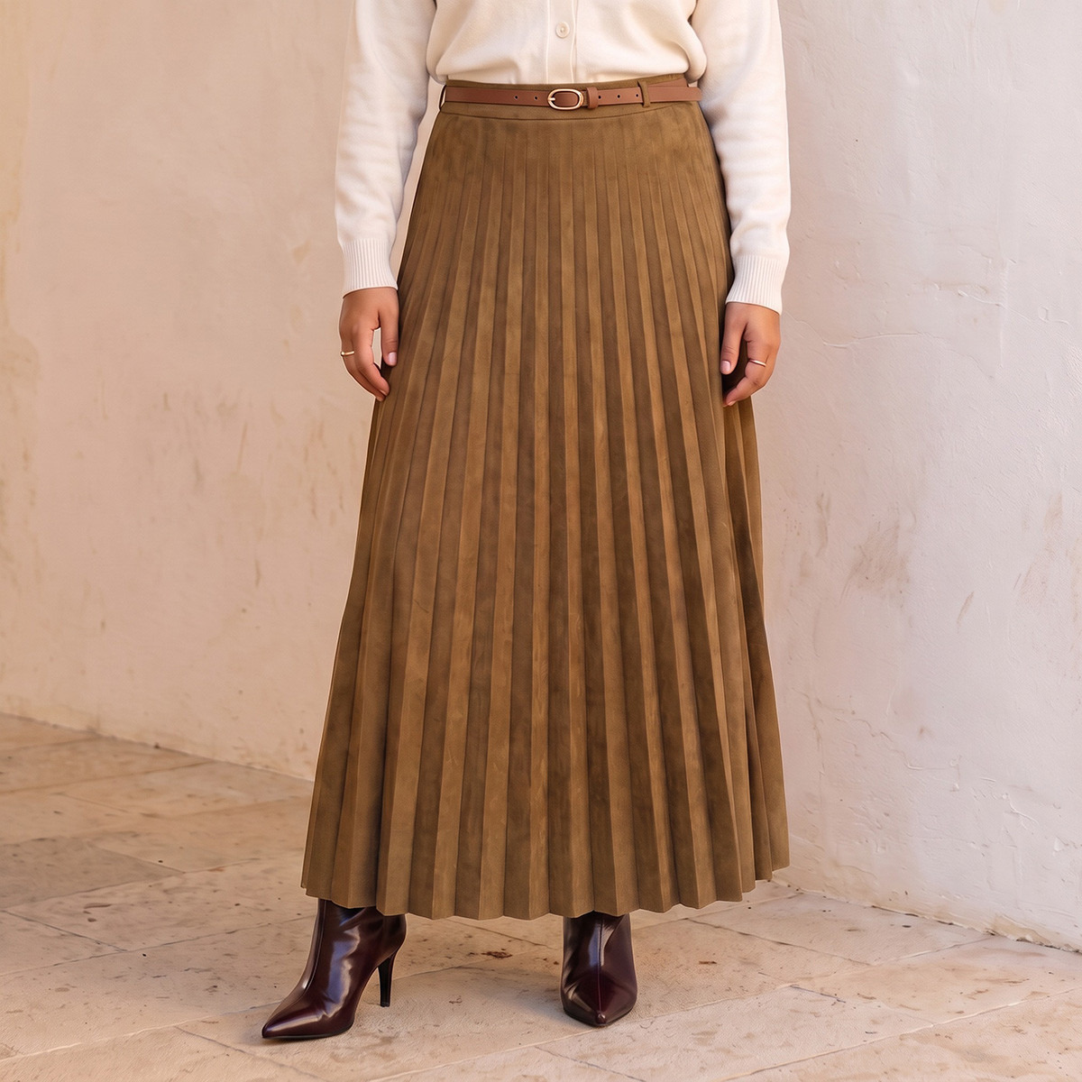 Splash Youth Pleated Suede Maxi Skirt with Belt-women-clothing-skirts-image-1
