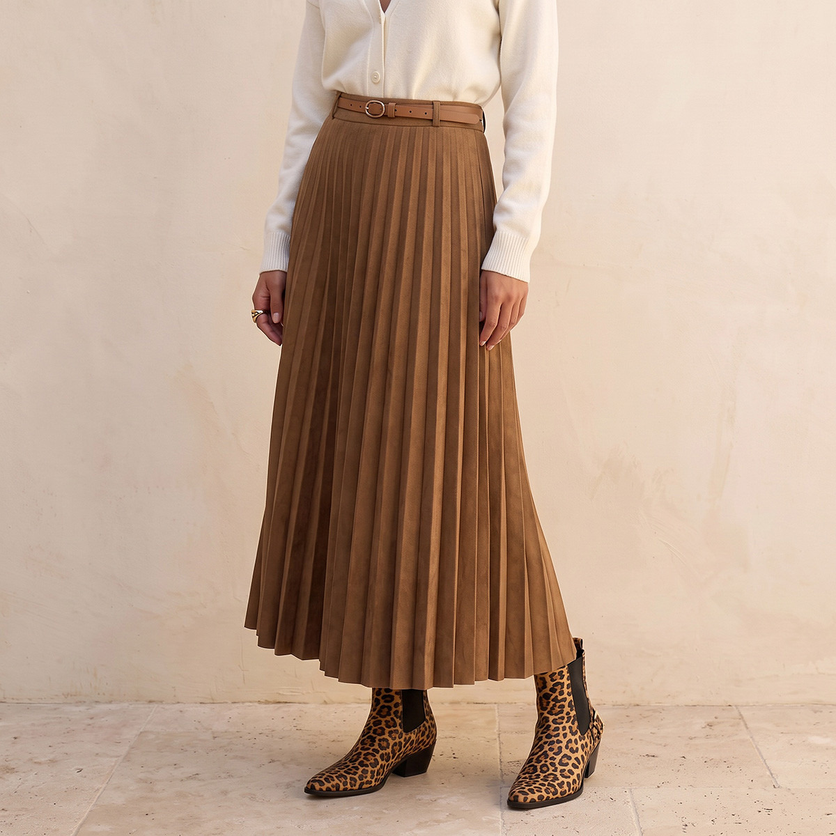 Splash Youth Pleated Suede Maxi Skirt with Belt-women-clothing-skirts-image-2