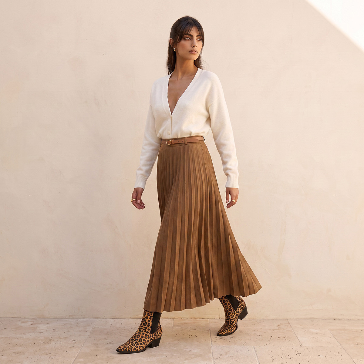 Splash Youth Pleated Suede Maxi Skirt with Belt-women-clothing-skirts-image-3