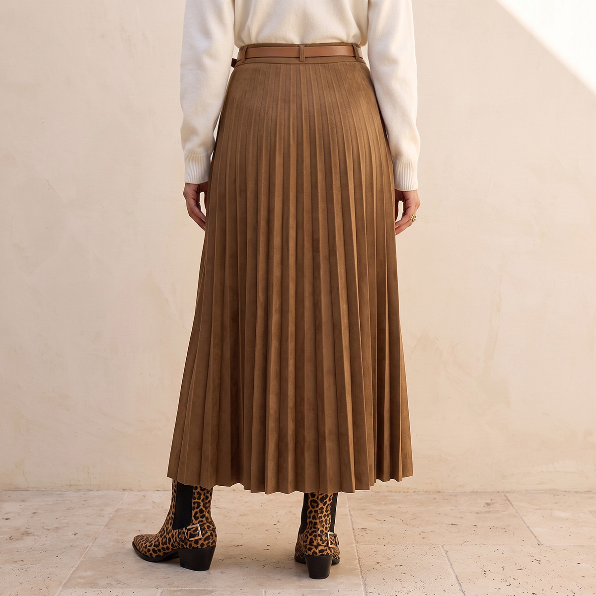 Splash Youth Pleated Suede Maxi Skirt with Belt-women-clothing-skirts-image-4