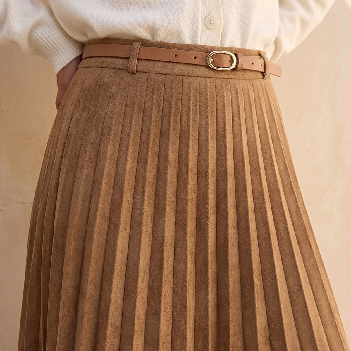 Splash Youth Pleated Suede Maxi Skirt with Belt-women-clothing-skirts-image-5