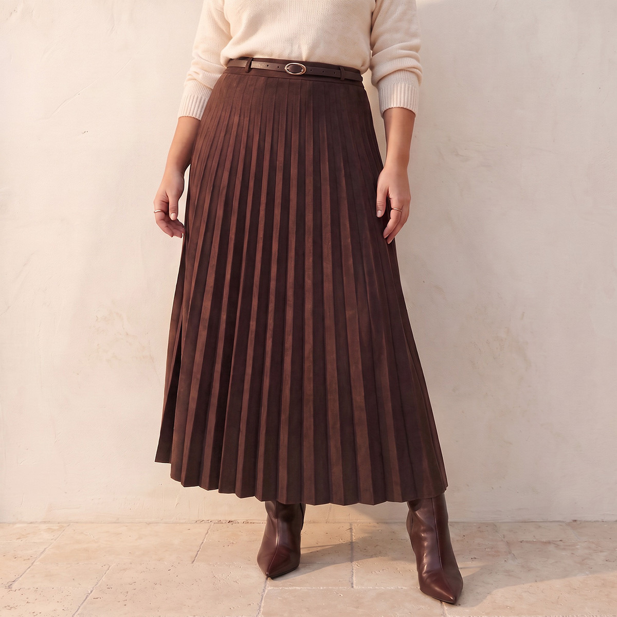 Splash Youth Pleated Suede Maxi Skirt with Belt-women-clothing-skirts-image-1
