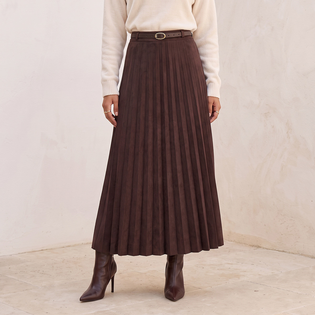 Splash Youth Pleated Suede Maxi Skirt with Belt-women-clothing-skirts-image-2