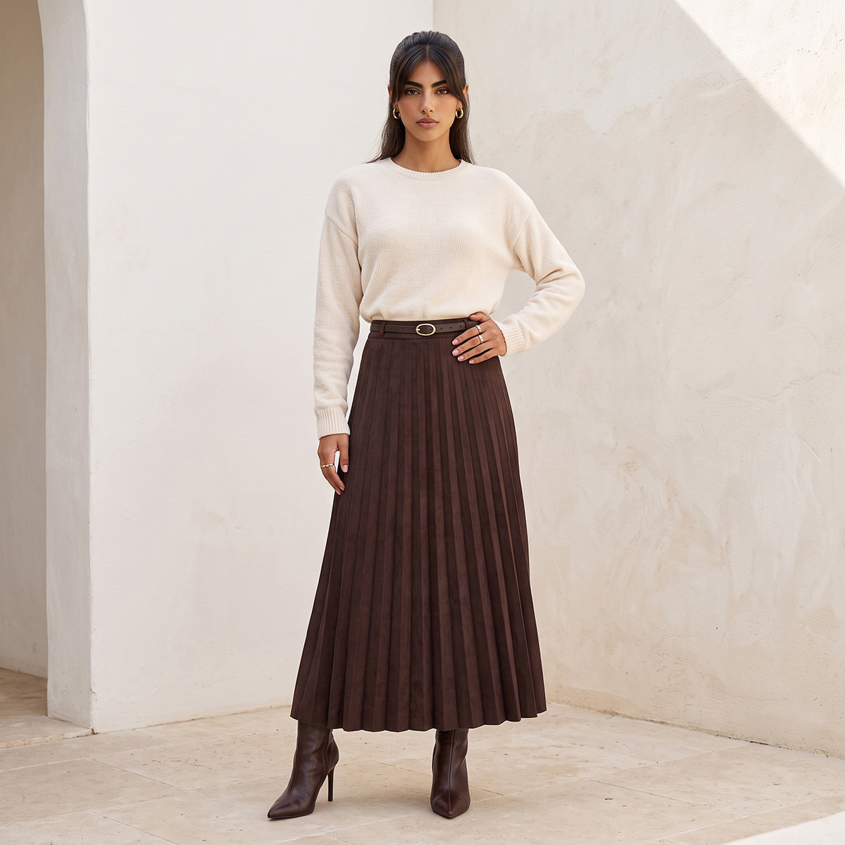 Splash Youth Pleated Suede Maxi Skirt with Belt-women-clothing-skirts-image-3
