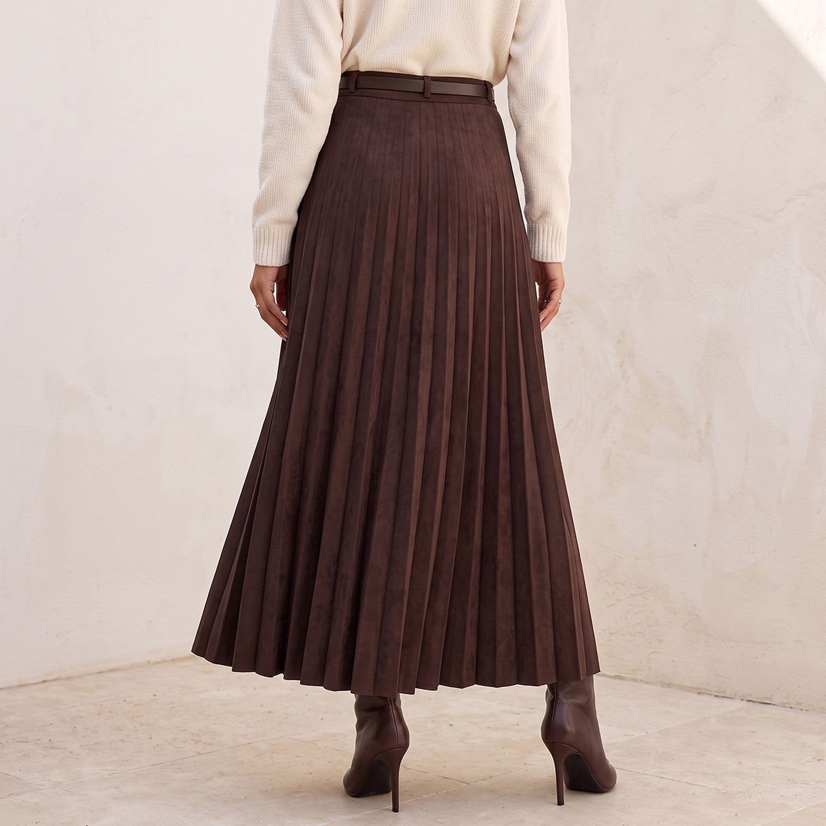 Splash Youth Pleated Suede Maxi Skirt with Belt-women-clothing-skirts-image-4