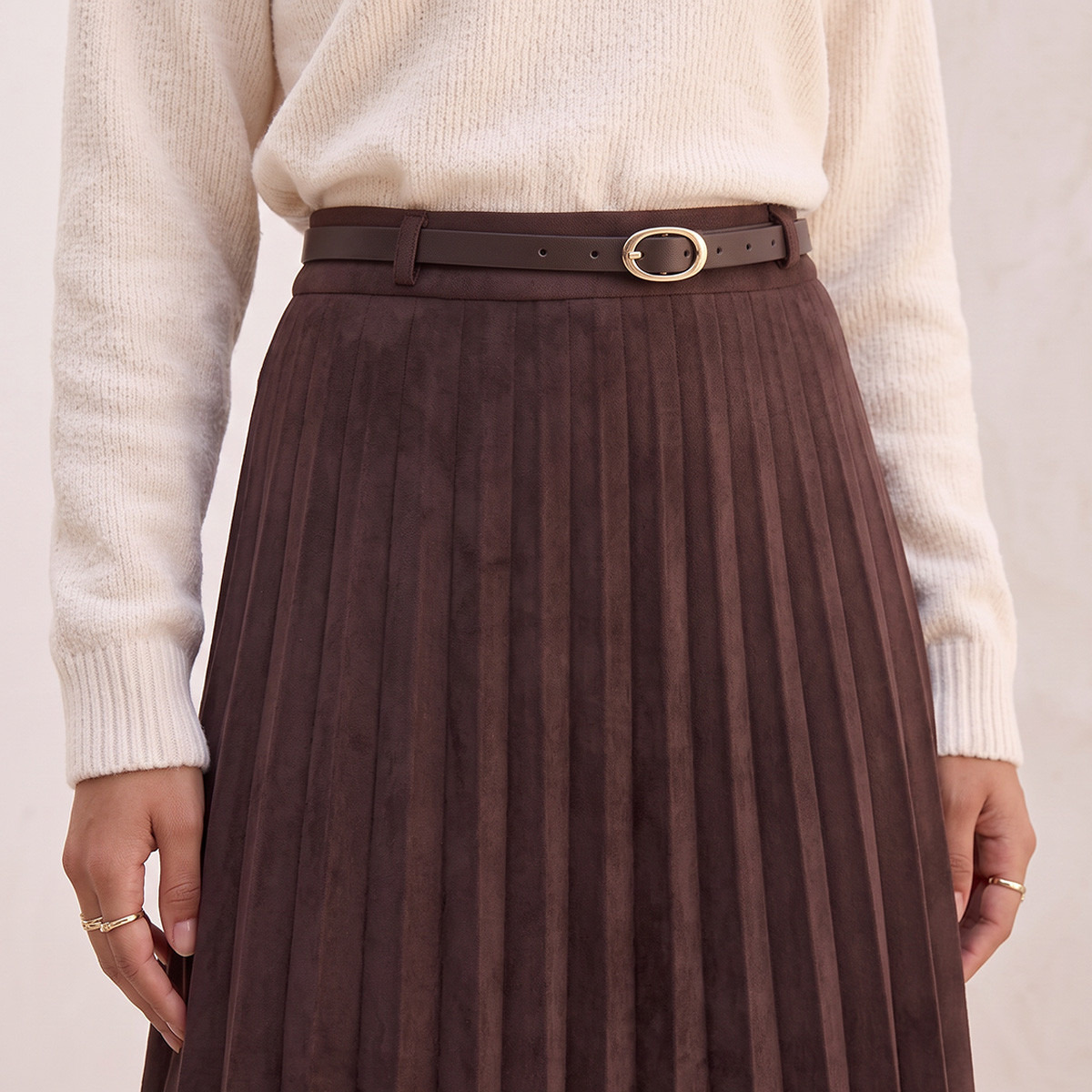 Splash Youth Pleated Suede Maxi Skirt with Belt-women-clothing-skirts-image-5