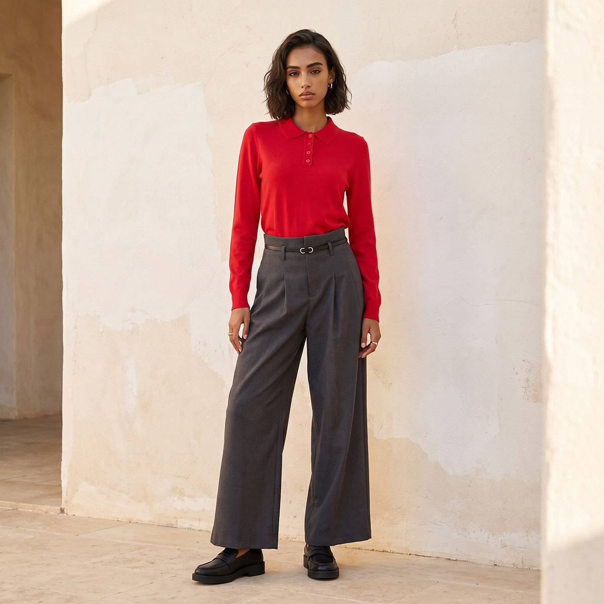 بنطلون واسع الساقين بحزام وكسرات من يوث من سبلاش-women-clothing-trousers-image-2