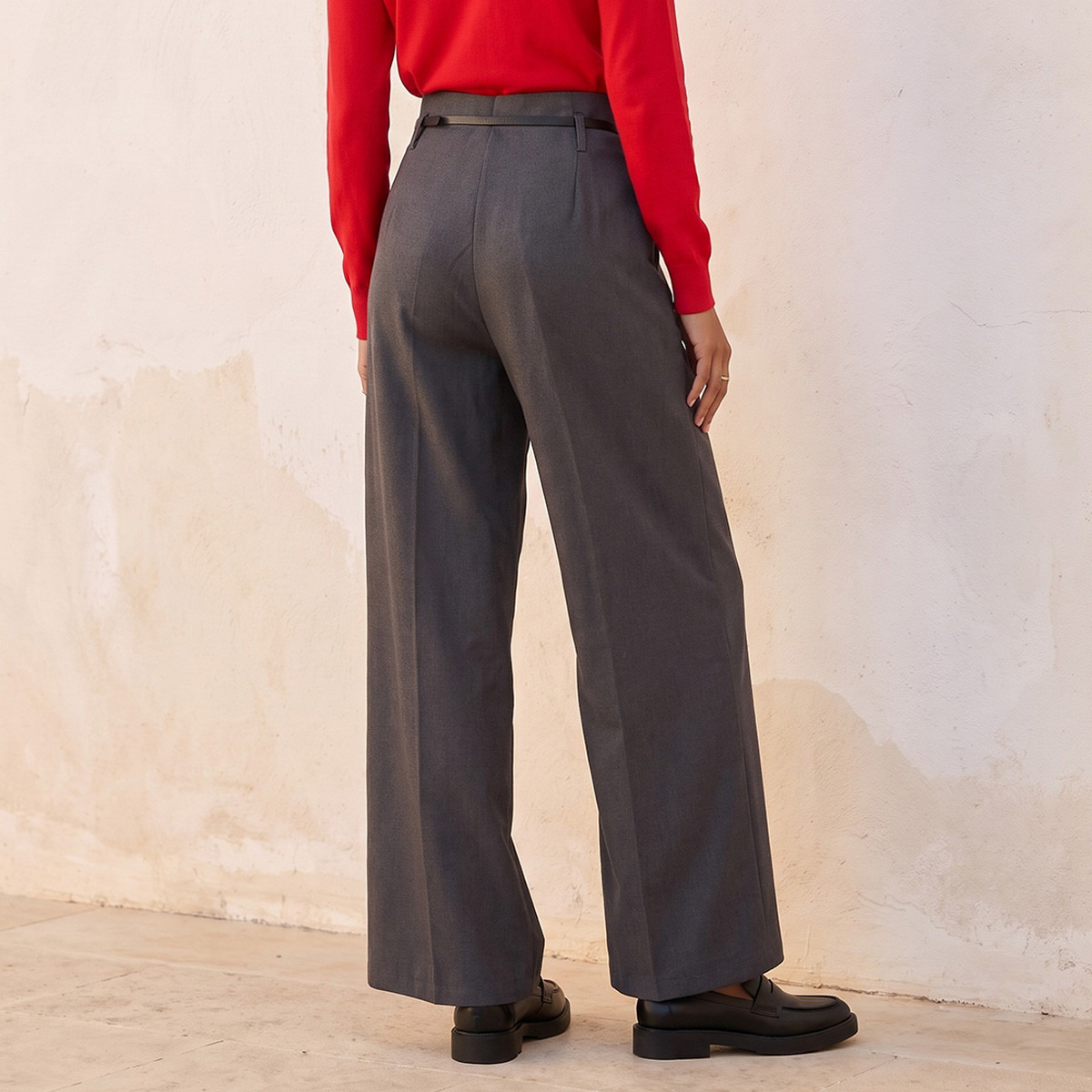 بنطلون واسع الساقين بحزام وكسرات من يوث من سبلاش-women-clothing-trousers-image-3