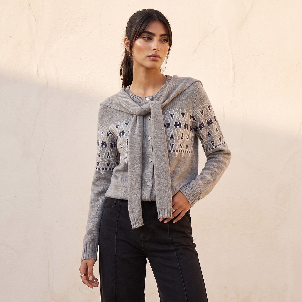 كارديغان بارز الملمس مع وشاح ربط من سبلاش يوث-women-winterwear-cardigansandjumpers-cardigans-image-1