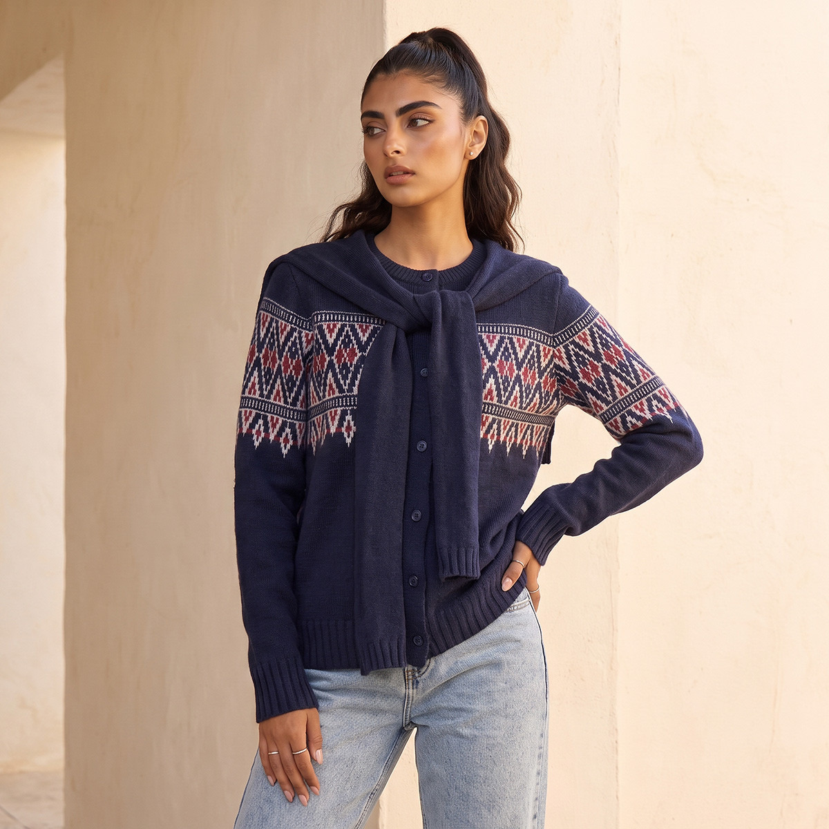 كارديغان بارز الملمس مع وشاح ربط من سبلاش يوث-women-winterwear-cardigansandjumpers-cardigans-image-1