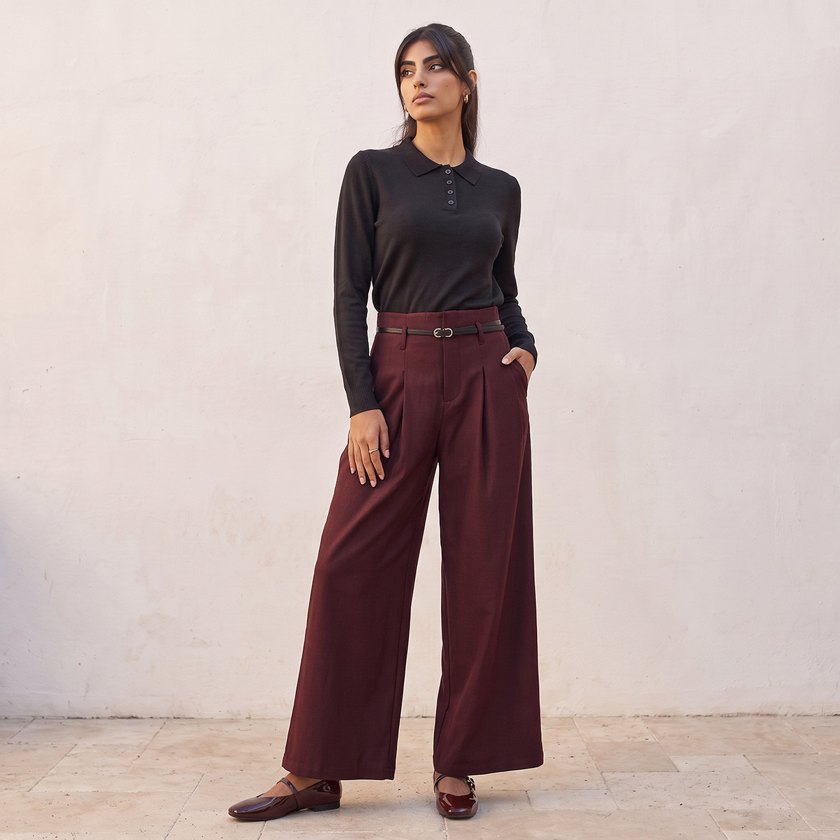بنطلون واسع الساقين بحزام وكسرات من يوث من سبلاش-women-clothing-trousers-image-2