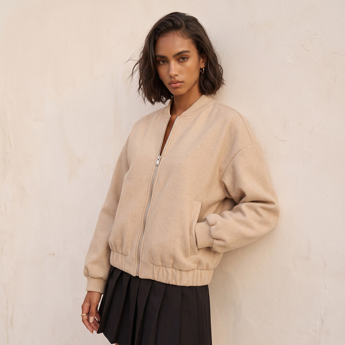 Splash Youth Melton Felt Regular Bomber Jacket with Zip Closure-women-winterwear-coatsandjackets-jackets-image-2
