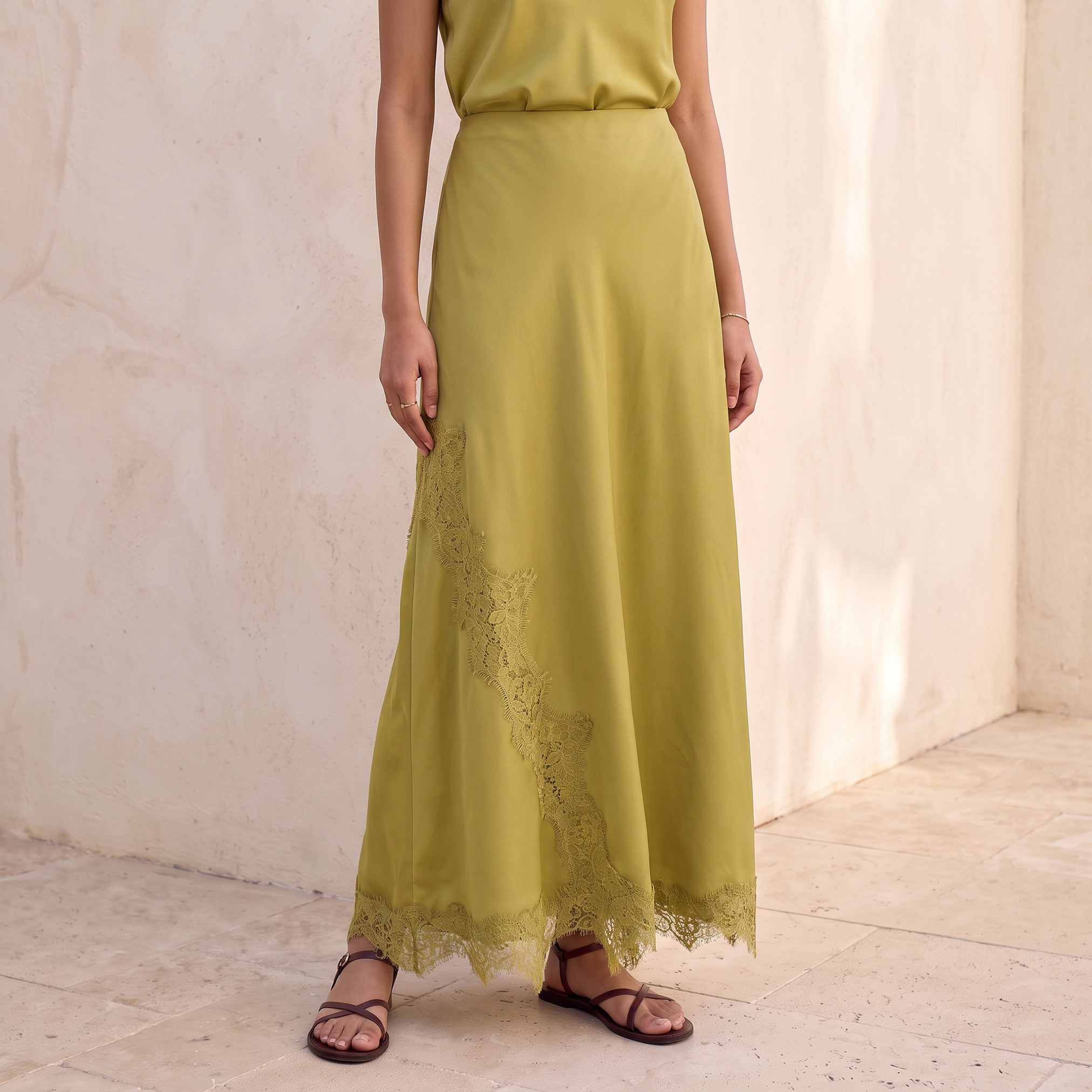 Splash Youth Maxi Satin A-line Skirt with Lace Trim-women-clothing-skirts-image-2