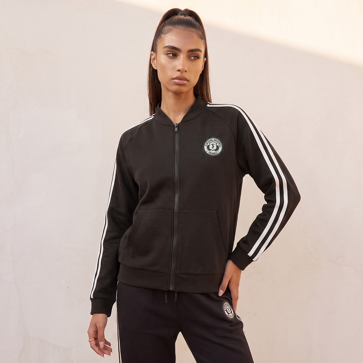 Splash Youth Striped Bomber Jacket with Zip Closure-women-winterwear-coatsandjackets-jackets-image-2